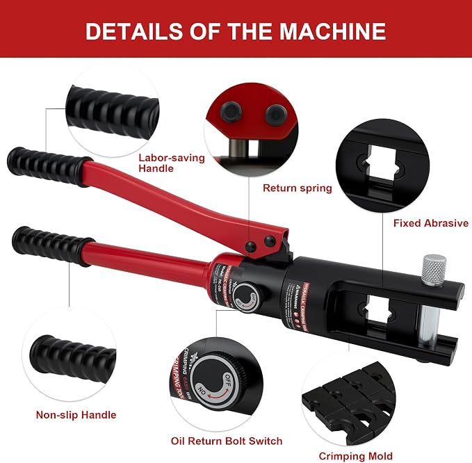 Hydraulic Crimping tool for Battery Cable Crimper | 12 Pairs Standard US dies Range 6AWG-500MCM | MAX 16TON Crimping Force | Upgrade the Hydraulic System to Prevent Oil Leakage