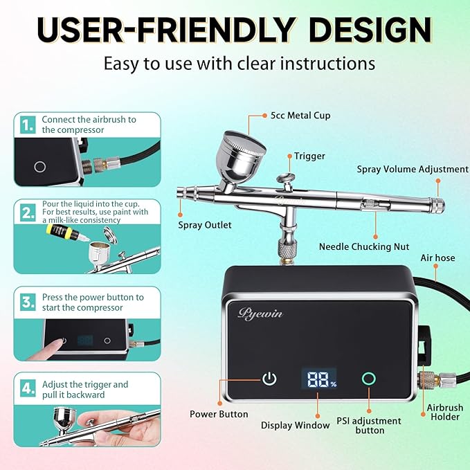 32PSI Cordless Airbrush Kit with Compressor - Portable Nail Airbrush Machine & Spray Gun, Rechargeable Handheld Air Brush Set for Nails Art, Model Painting, Barber, Makeup