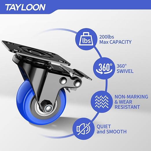 2 Inch Swivel Casters Set of 4, Locking Caster Wheels Heavy Duty, Polyurethane (PU) Plate Caster with Brake, Castor Wheels, Industrial Caster for Furniture, Workbench, Carts