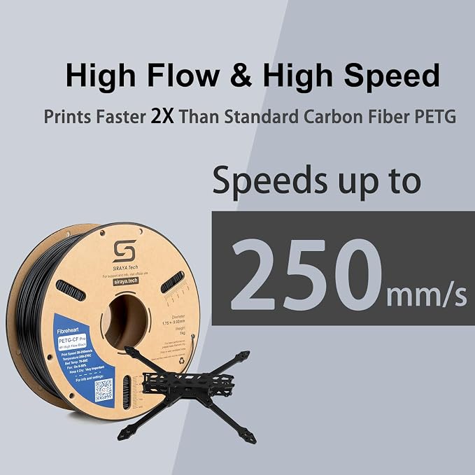 Siraya Tech PETG-CF Pro HF 3D Printer Filament – Industrial-Grade High-Speed Carbon Fiber PETG, Exceptional Impact & Heat Resistance, Minimal Warping, High Flow for Rapid Printing (1kg, Matte Black)