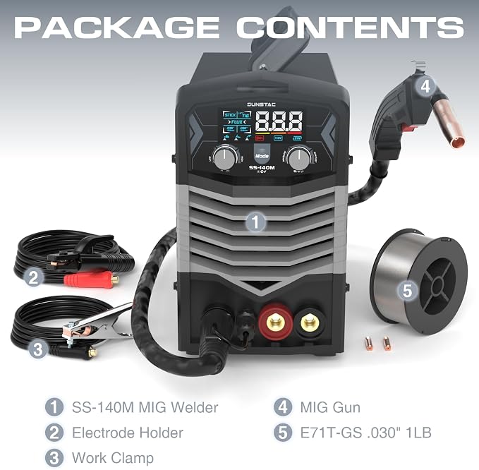 Sunstac MIG Welder, 140A 110V Flux Core/Stick/Lift TIG 3 in 1 MIG Welding Machine, Gasless MIG with IGBT Inverter Synergic Control, Digital Screen Display, Over Loading Protection Beginner Friendly