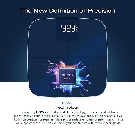 Nautica Smart Scale for Body Weight – BMI, Body Fat, Muscle Mass – 12 Metrics, Bluetooth App, ITO Technology, Hidden LED Display, 440lb Capacity – Body Tracker