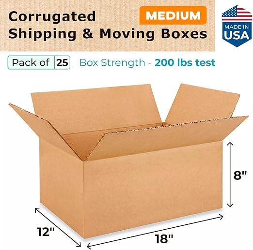 Medium Moving & Shipping Boxes 18"L x 12"W x 8"H (25-Pack) - Extra Strength 200 lb vs Regular - USA-Made Corrugated Packaging Boxes - Strong Moving Supplies Box - Square Box by IDL Packaging