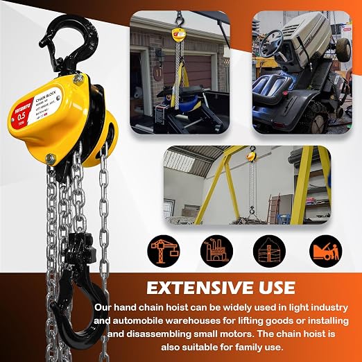 YATOINTO Chain Hoist 1/2 Ton (1100 lbs) Capacity, Small & Mini Chain Hoist with 10 FT Lift, 11'' Low Headroom, Industrial-Grade Steel Chain Fall for Garage & Automotive Use