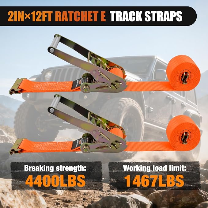 Nilight E-Track Ratchet Straps 2 Pack 2" x 12' Heavy Duty Orange Cargo Tie-Downs 4400 lbs Breaking Strength Standard E Track accessories Tie Down E-Track Spring Fittings for Cargo Vans Trucks Trailers