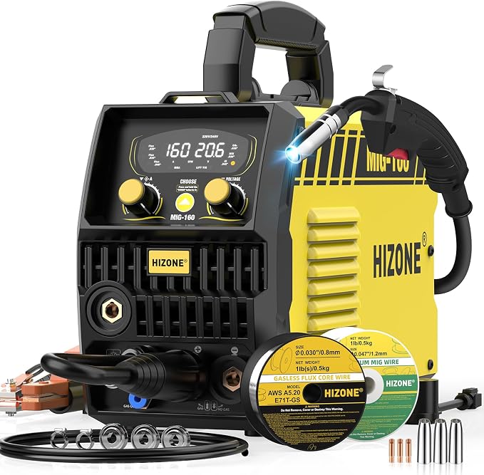 HIZONE 6-in-1 Aluminum MIG Welder, 160A Welding Machine 110V/220V, Flux Core MIG/Gas MIG/Lift TIG/Stick Welding Multiprocess Welder with Synergy, Ideal for Beginner