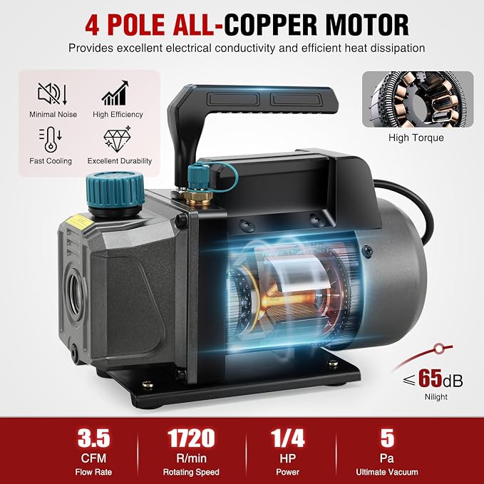Nilight HVAC Vacuum Pump, 3.5 CFM 1/4 HP 110V Single Stage AC Vacuum Pumps Kit for R22 R404a R134a R410a 5 Pa Ultimate Vacuum for Auto Air Conditioning Servicing Refrigerant Recharging, Oil Included