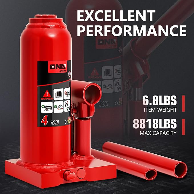 DNA Motoring 4 tons / 8818 lbs Lifting Automotive Welded Hydraulic Bottle Jack for Repair Vehicle, Pickup, Truck, w/Manual Handle, Red,TOOLS-00352