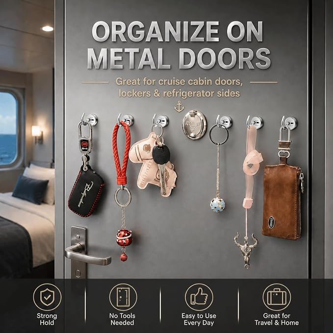 Neosmuk Magnetic Hooks, Cruise Ship Essentials, 32lb+ Heavy Duty Magnetic Hooks for Cruise Cabins, Refrigerator, Grill, Hanging, and Travel | Extra Strong Must-Haves Magnet Hook,Silver Pack of 20