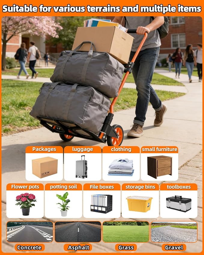 Folding Hand Truck, 180Lbs Capacity, Portable Dolly Cart with 5.9" Wheels and Telescoping Handle, Lightweight Hand Truck Dolly for Dormitory, Home, Office, Food, Shopping, logistics, Warehouse, Orange