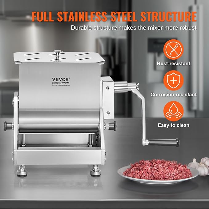 VEVOR Manual Meat Mixer, 10L Tilt Tank – Heavy Duty Stainless Steel Hand Mixer for Ground Beef & Sausage, Max 15lb Mixing Meat Capacity, with Gear Box and Lid Handle