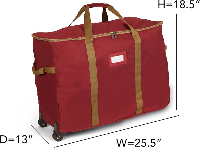 Covermates Keepsakes Rolling Treasurekeeper Storage Bag – Heavy-Duty Polyester with Dual Wheels & Handles – Protects Holiday Decorations with ID Window & Dual Zipper Access, Red