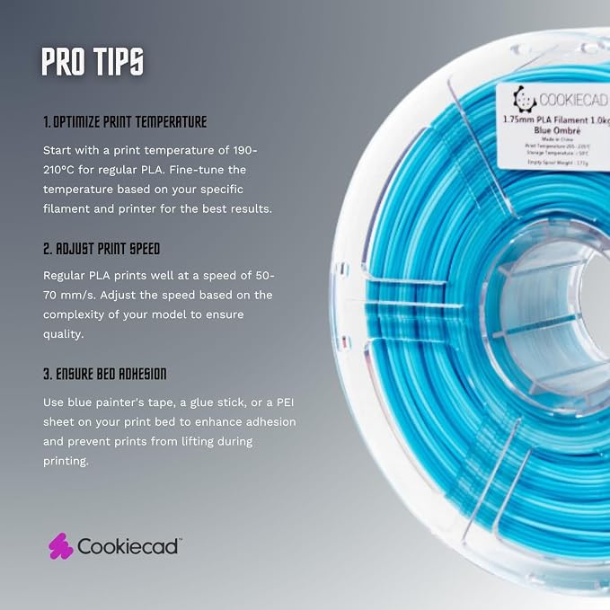 Cookiecad PLA Filament 1.75mm 1kg Rainbow Multicolor 3D Printer Filament - Blue Ombre PLA