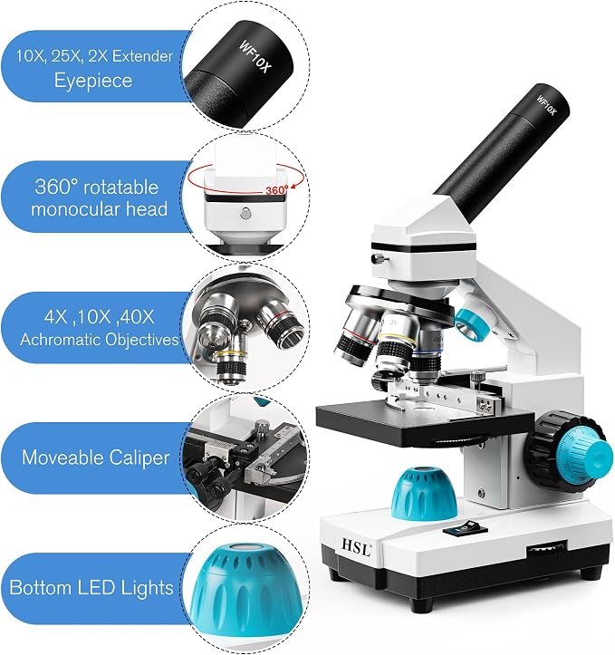 HSL 40X-2000X Monocular Compound Microscope Kit for Students Adults,Dual LED Powerful Biological Microscopes Set for Laboratory School Education Science Beginner 1000x 2000x