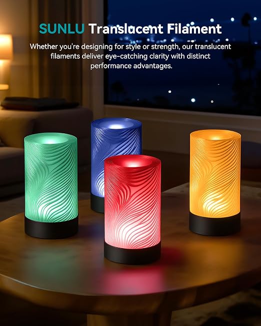 SUNLU Clear PLA Filament 1.75mm Bundle, 3D Printer Filament Bundle Multicolor, Individually Vacuum Packed, 250g Spool, 4 Rolls, Transparent Series-Clear+Red+Orange+Blue