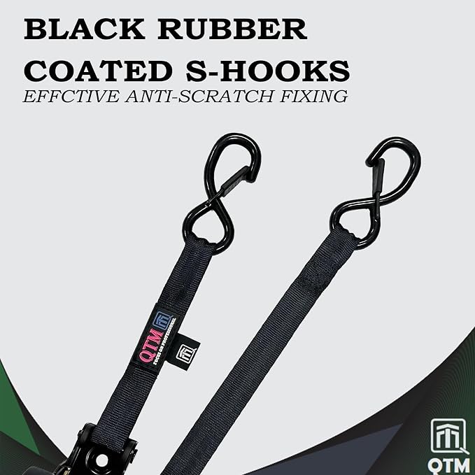 QTM 2-Pack Black Retractable Ratchet Straps Stainless Steel Spring, 1" x15' with Soft Loops, Heavy Duty, 2,000lbs Breaking Strength, with Storage Bag