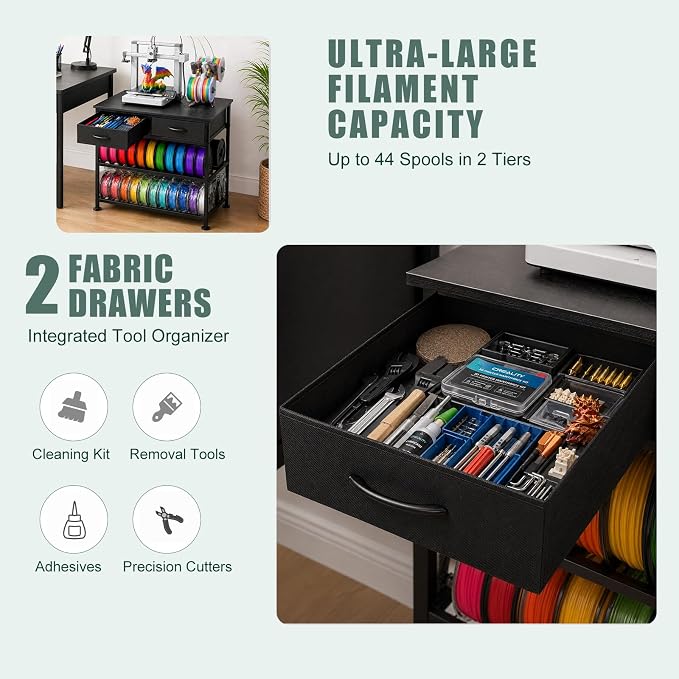 3D Printer Stand with Filament Storage Heavy Duty Metal 3D Printer Table with Fabric Drawer Anti-Vibration Filament Storage Rack for Workshop Studio Office Black
