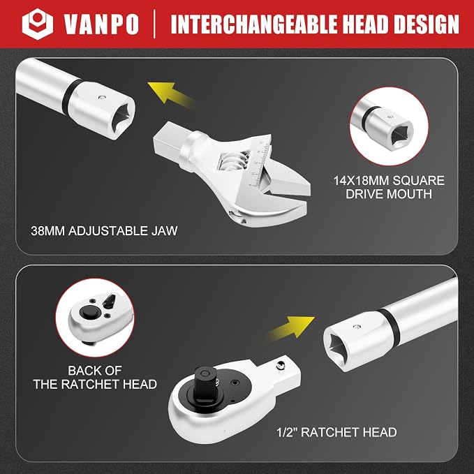 VANPO Adjustable Digital Torque Wrench, 5-99.6 Ft.lb/6.8-135Nm for Split AC | Electronic Torque Wrench with 38mm Jaw and 1/2" Ratchet, ±2% Accuracy, Buzzer, Vibration and LED Indicator for Moto, Car