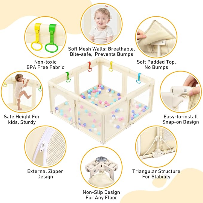 Baby Playpen Foldable Playpen for Babies and Toddlers, Large Playpens Portable Play Pen Play Yard for Kids Fence Indoor Outdoor Travel 4 Handlers 50 Balls Baby Gifts Essentials 50"X50" Beige
