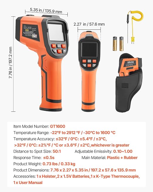 VEVOR Infrared Thermometer, -22℉ to 2912℉ Dual-Mode IR Thermometer Gun with K-Type Thermocouple, Dual Laser Heat Temperature Gun Non-Contact for Metal Smelting/Engine/Industry/Cooking (Not for Human)
