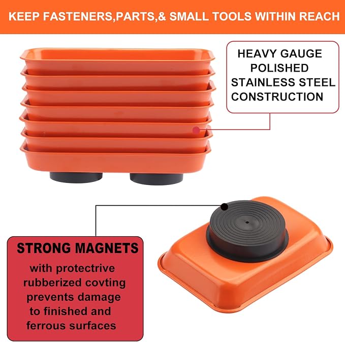 10 PCS Magnetic Trays, Include 5 PCS 5.9X2.6Inch & 5 PCS 3.7X2.5 Inch, Magnet Tool Tray, Magnetic Parts Tray, Orange, by GENHAKON