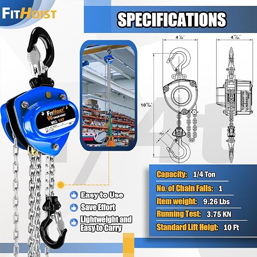 Chain Hoist 1/4 Ton 550lbs Capacity 10FT Mini Hand Chain Block Hoist with 2 Heavy Duty Hooks Heavy Duty Pulley Hoist for Garages Warehouse Automotive Machinery