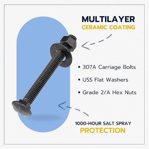 3/8" x 3" (25 Pack) Black Carriage Bolt Kit, Grade 307A, Ceramic Coated for Exterior Use, 2X Rust Resistance of Galvanized by Makers Bolt