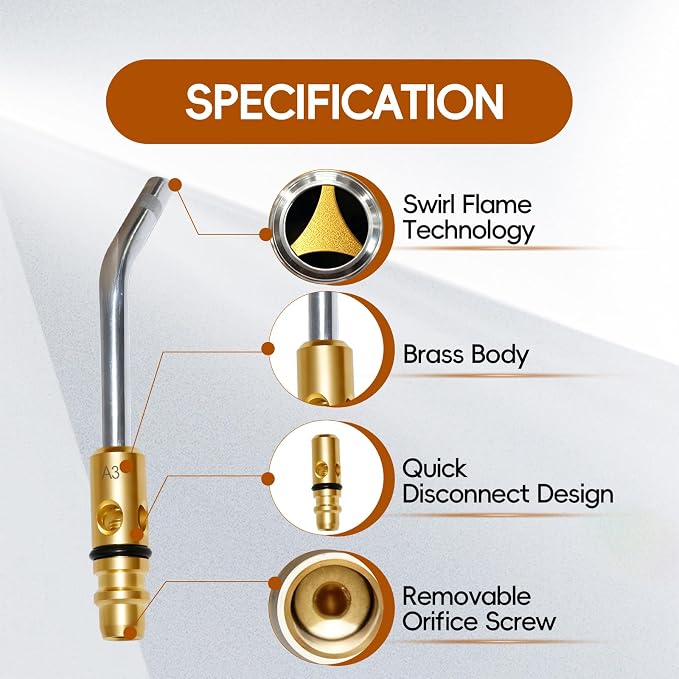 A3 A5 A8 Air Acetylene Torch Tip Kit, 3/16" 1/4" 5/16" Tip Size for PLF-A5/G-4 Handles, Air Acetylene Tip with Flint Striker, Light/Medium Duty Air Acetylene Swirl Quick Connector Flame Tip