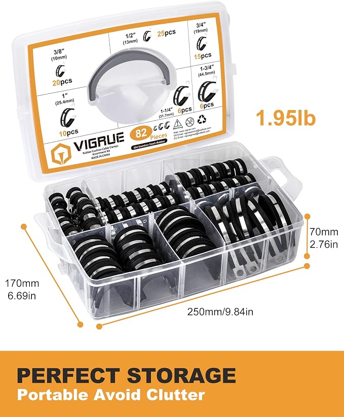 VIGRUE Cable Clamps Kit, 82PCS Large Rubber Clamp 3/8″ 1/2″ 3/4″ 1″ 1-1/4″ 1-3/4″ Pipe Clamps 304 Stainless Steel Clamp for Tube, Pipe or Wire Cord Installation