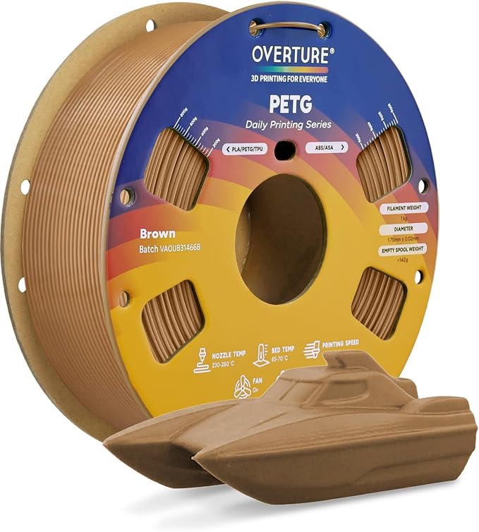 OVERTURE PETG Filament 1.75mm, High Speed 3D Printer Filament, Neatly Wound & Clog-Free, 1kg Spool (2.2lbs) Rapid PETG, Dimensional Accuracy +/- 0.02mm, Fit Most FDM Printers (Brown)