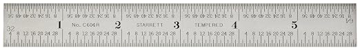 Starrett Spring Tempered Steel Rule with Satin Chrome Finish, Quick Reading, and Inch Graduation - 6" Length, 4R Graduation Type, 3/64" Thickness - C604R-6