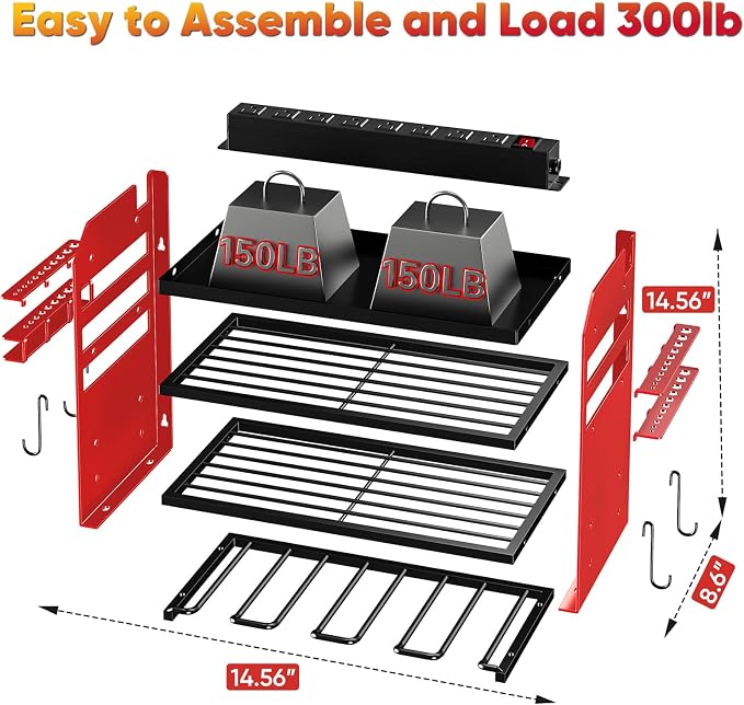 POKIPO Power Tool Organizer Wall Mount with Charging Station,Tool Storage Rack with 8 Outlet Power Strip,Heavy Duty Metal Battery Utility Rack with 4 Cordless Drill Holder 6.56 Ft Cord for Garage