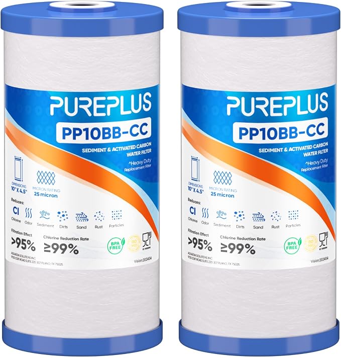 PUREPLUS 25 Micron 10" x 4.5" Whole House Sediment and Carbon Water Filter Replacement Cartridge for GE FXHTC, GXWH40L, GXWH35F, GNWH38S, Culligan RFC-BBSA, WRC25HD, PP10BB-CC, Pentek RFC-BB, 2Pack