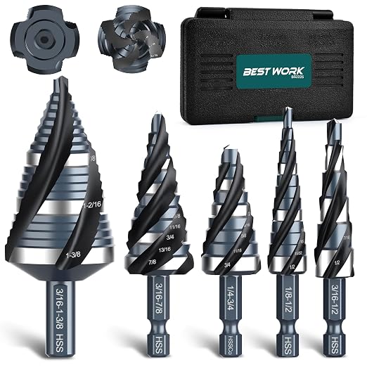 Four Spiral Flute Step Drill Bit Set, 1/8"-1-3/8" (59 Sizes), 5PCS High-Speed Steel Unibit Step Bits with 1/4" and 3/8" Hex Shank for Stainless Steel,Metal,Aluminum,Wood,Plastic