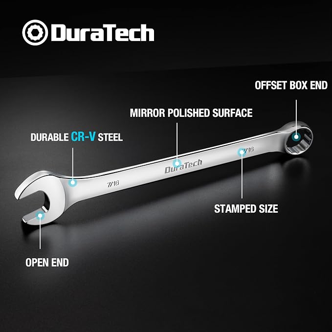DURATECH 7/16" Combination Wrench, SAE, CR-V Constructed with Mirror Polish, 12-Point, 15-Degree Offset
