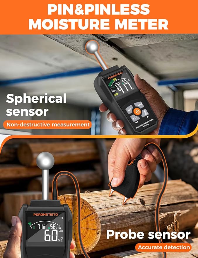 Moisture Meter, POROMETISTO Pin & Pinless Moisture Meter – Dual Mode Wood Moisture Detector for Walls, Drywall, Firewood & Concrete, Digital Moisture Meter with Color Screen & Alarm