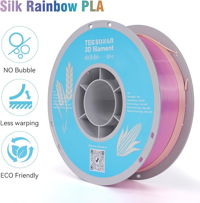 Silk Rainbow PLA 3D Printer Filament, 1KG Spool(2.2lbs) 1.75mm PLA Fast Color Change 3D Printing Material, Multicolor PLA,Gradient Filament for Most FDM 3D Printers,Ice Cream Color