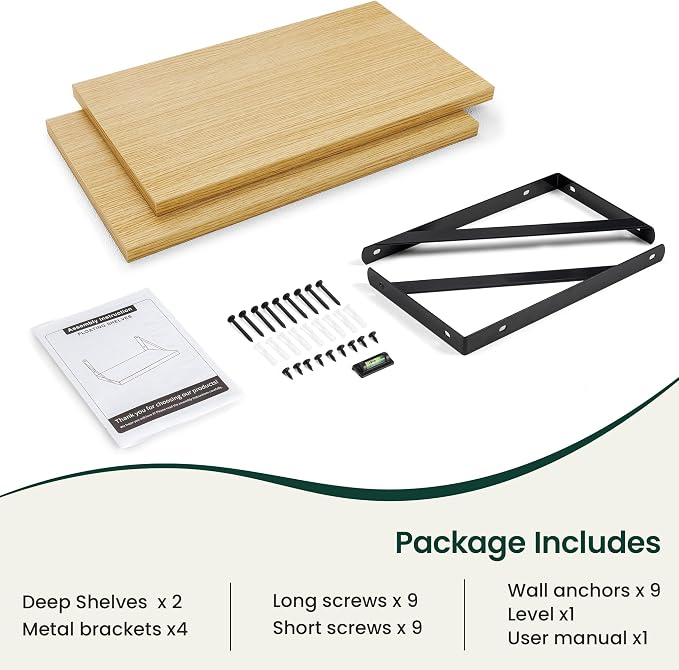 Floating Shelves 12 Inch Deep, 24W x 12D Wall Shelf Set of 2, 50 lbs Heavy Duty Reversible Metal Brackets, Deep Industrial Book Shelf for Living Room Kitchen Bath Bedroom Coffee Bar, Oak