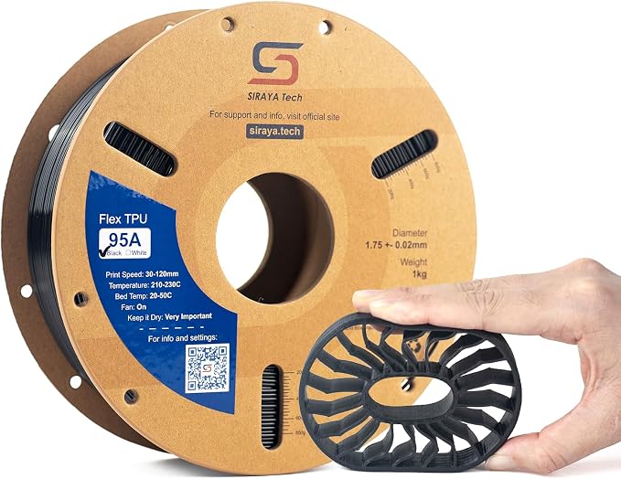 Siraya Tech Flex TPU 95A Filament, ISO 10993, High Flow and High Speed, Flexible and Tough, Easy to Print, Moisture-Resistant Aluminum Resealable Bag - for Footwear, Protective Gear (Black, 1kg)