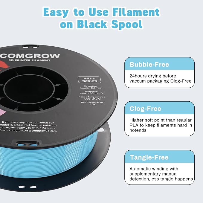 Comgrow PETG 3D Printer Filament 1.75mm, High Precision and Tough 3D Printer Filament 1kg (2.2LBS), Dimensional Accuracy +/- 0.02 mm, Fit Most 3D Printers Light Blue