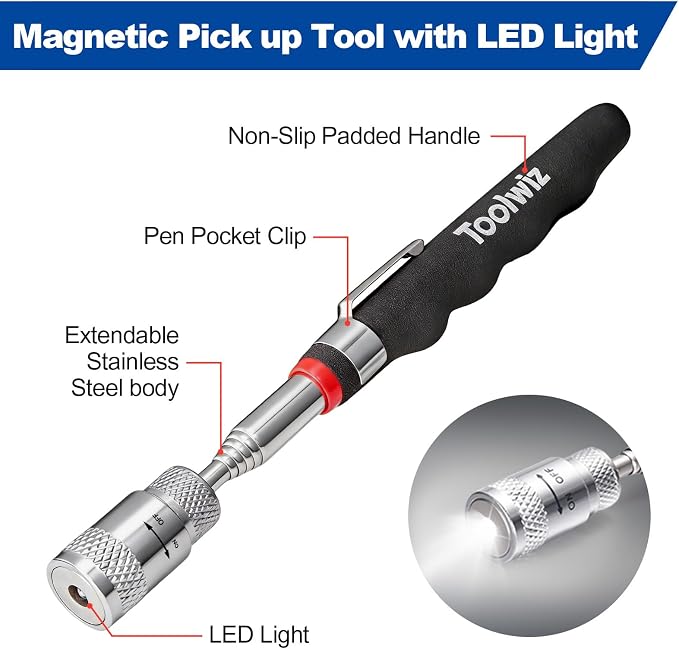 Toolwiz 15" Rolling Magnetic Sweeper 10lbs, with 8 lbs Telescopic Magnetic Pick Up tools with LED light– Telescoping Holder to Pick Up Nails Magnetic Sweeper for Construction
