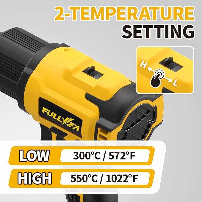 FULLYEA Cordless Heat Gun, Max 1022°F (550°C), Lightweight Hot Air Gun with 5 Nozzles & 2x4.0Ah Batteries, Portable Heat Gun Kit for Shrink Tubing, PVC Wrap, DIY Crafts (Yellow)