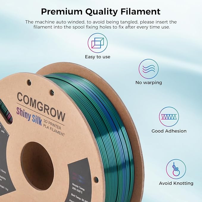 Comgrow Tri-Colors Silk PLA 3D Printer Filament, Rainbow PLA Filament 1.75mm, Dimensional Accuracy +/- 0.02 mm, 1KG Spool, Coextrusion 3D Filament with Shiny Silk Red-Blue-Green
