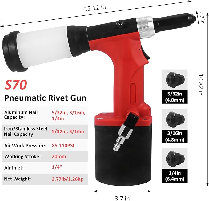 Heavy-Duty Pneumatic Rivet Gun S70 – Air-Powered Hydraulic Riveting Tool with Waste Rivet Tube, Professional Grade for Industrial Use (Non-Self-Suction Design)