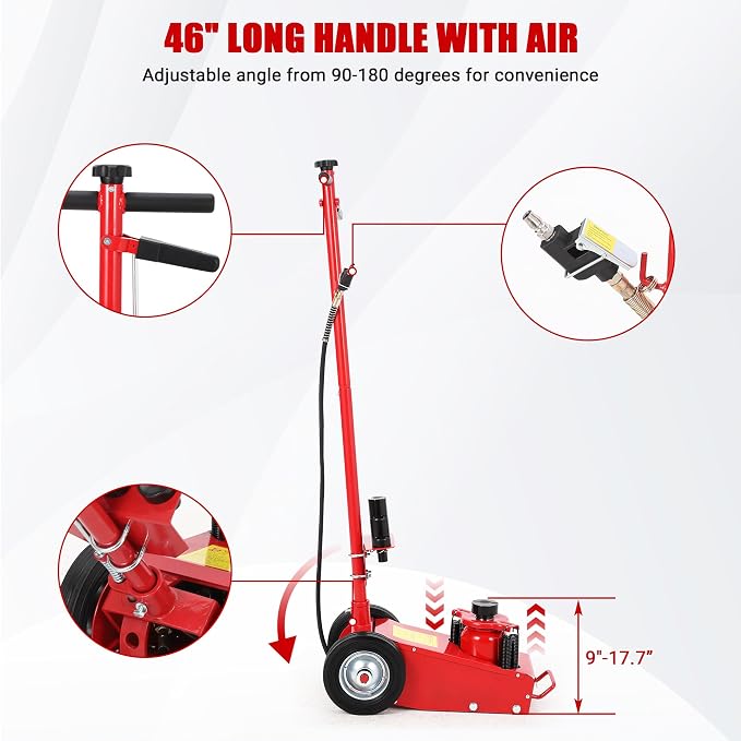 Air Hydraulic Floor Jack, 22-Ton(44,000 LBS) Low Profile 9 Inch Heavy Duty Jack for Trucks & Tractors, Dual Power Air/Manual Hydraulic with 4 Adapters, Adjustable 46" Handle & Rubber Wheels