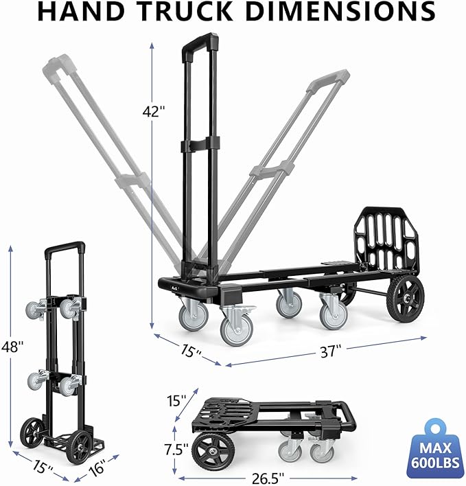 KEDSUM 3-in-1 Convertible Dolly Cart with Wheels, 600LBS Heavy Duty Hand Truck Dolly, Hand Truck with Adjustable Handle Angle & Expandable Base for Home,Warehouses,Dorm, 6-Wheel Design with Brakes
