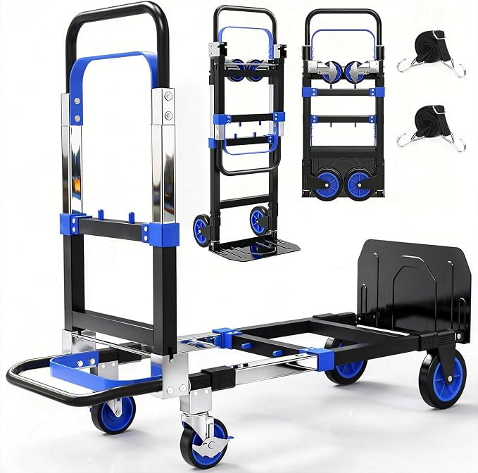 3-in-1 Folding Hand Trucks, 500lbs Convertible Dolly, Dolly Cart with Wheels Heavy Duty, Moving Cart with Retractable Handle, Collapsible Trolley for Moving Office/Home/Warehouse/Boxes/Cartons (Blue)