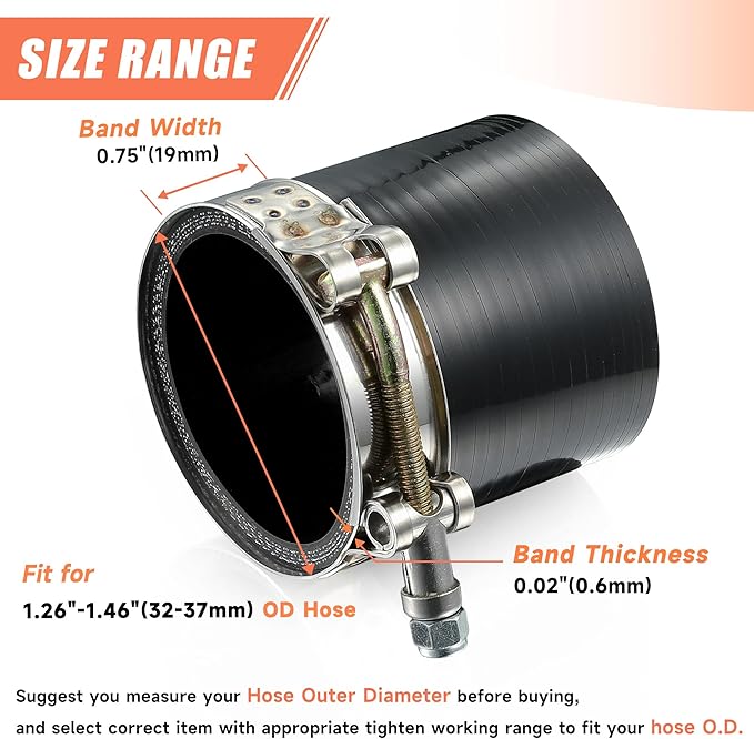 T-Bolt Hose Clamps, Adjustable Working Range 1.26"-1.46"(32-37mm), 304 Stainless Steel Hose Clamps Turbo Intake Clamp for Automotive, Turbo Tubes, Intercooler Pipes (32-37mm, 6 Pack)