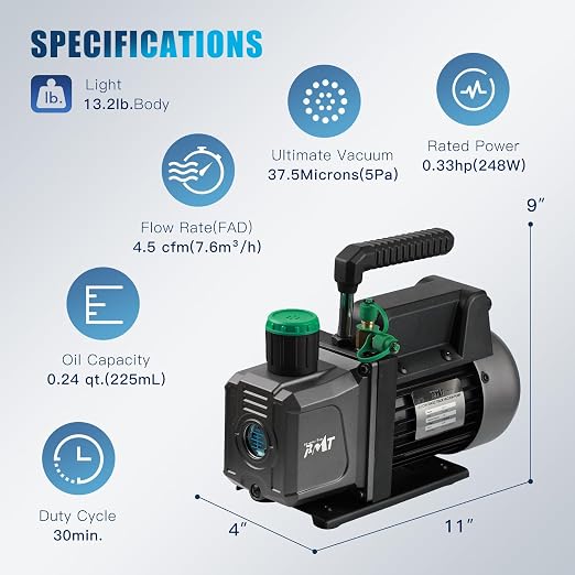PB Motor TECH 4.5CFM 1/3HP Vacuum Pump with 4-Way AC Manifold Gauge Set for R134a R22 R410a - Includes Leak Detector, Puncture Can Tap, and More