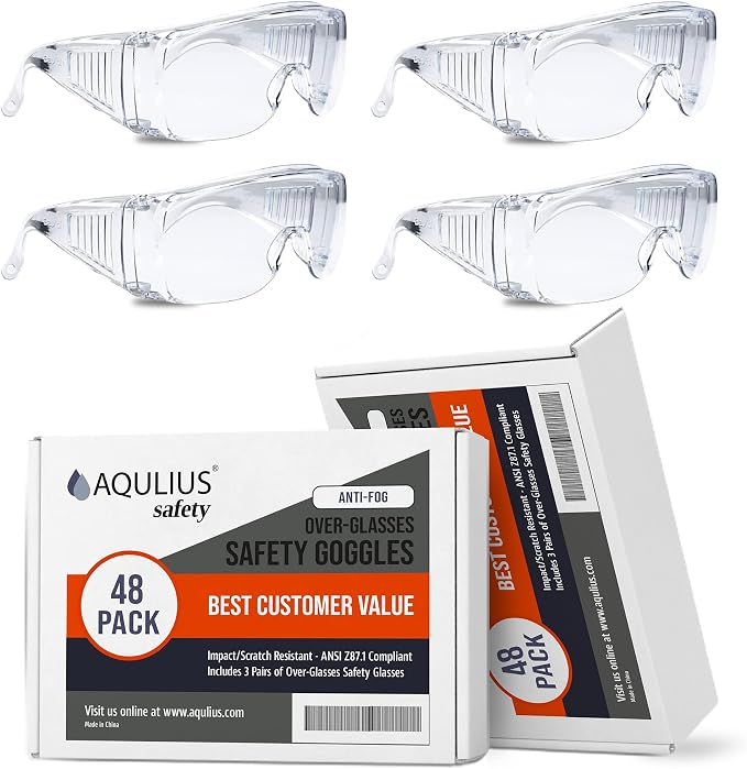 Aqulius Safety Glasses Over Eyeglasses - Anti-Fog Scratch-Resistant Safety Goggles - Side Shields Protective Glasses Fit Over Eyeglasses - Industrial Work Goggles Top Coverage - Pack of 48, Unisex